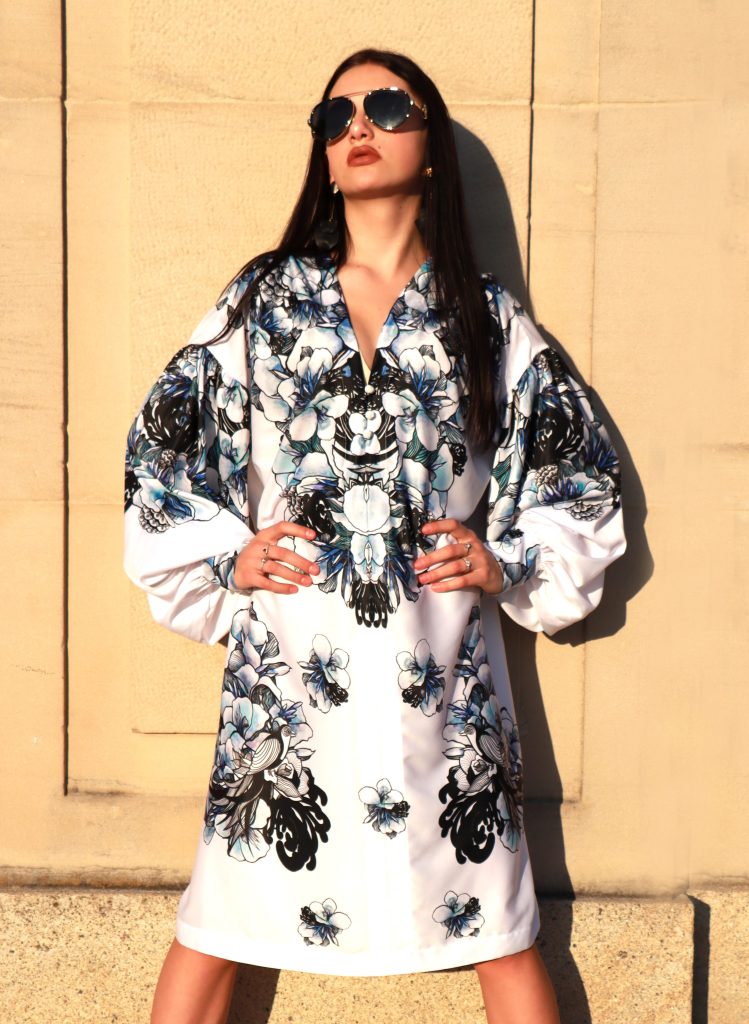 short dress from oberig collection with blue and green flower pattern