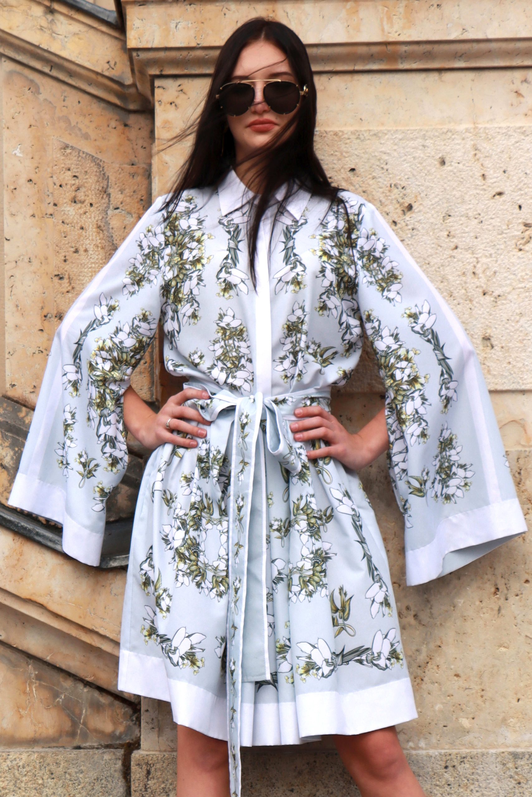 short white kimono with green and golden floral pattern