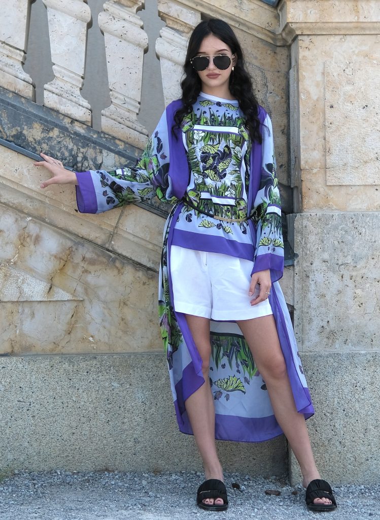long blue dress with oceanic and floral pattern from flowers and shells collection