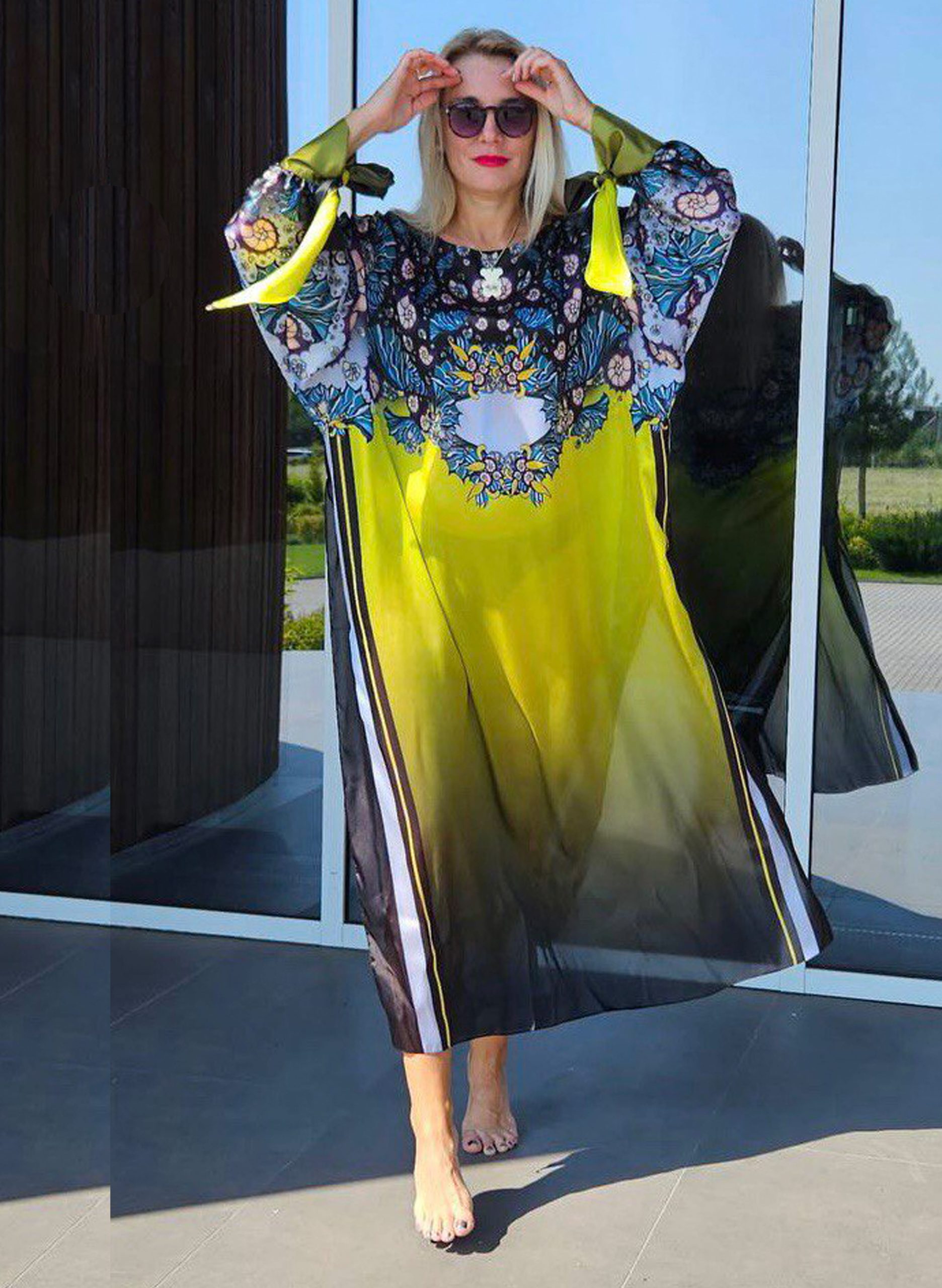 Long Yellow Ocean Dress with long sleeves-min