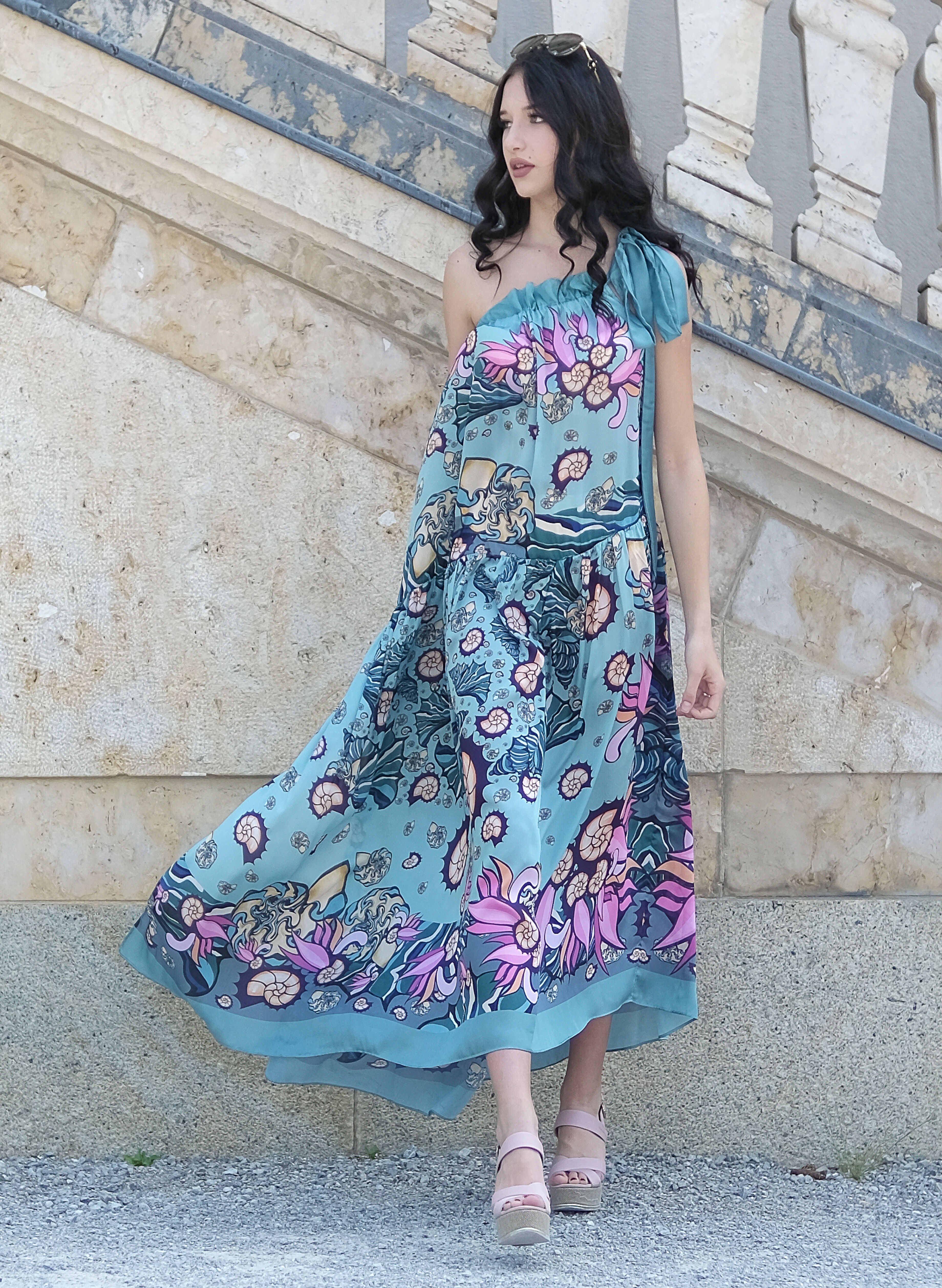 long blue evening dress with oceanic pattern from ocean depth collection