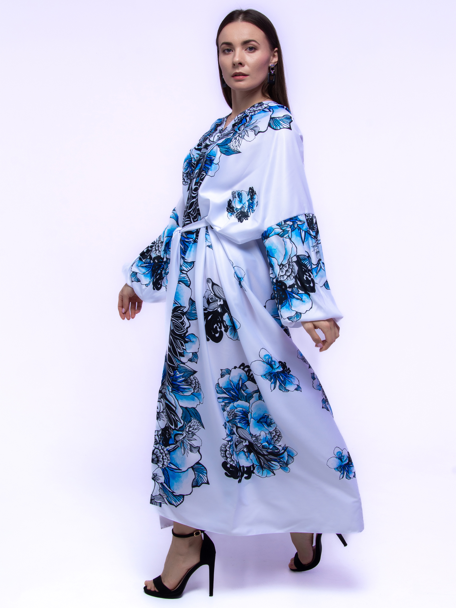 White blue long dress with flowers in ethno style