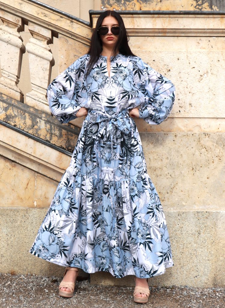 long white dress from birds of paradise collection with blue natural pattern