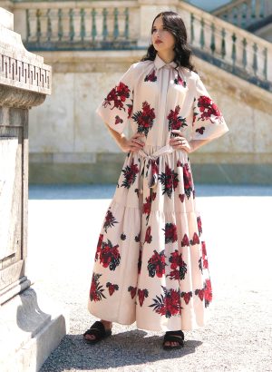 Beige Long Dress Red Birds