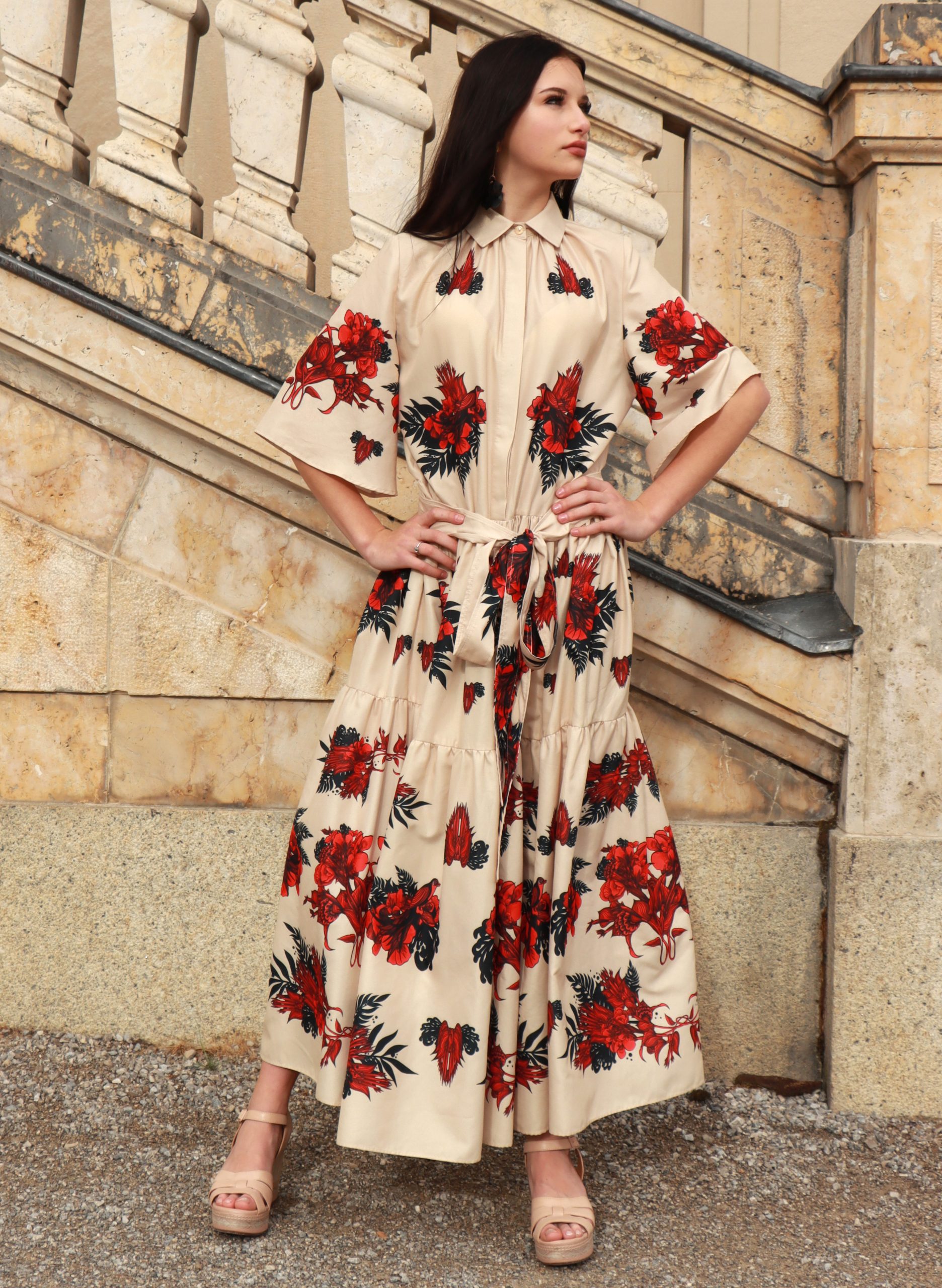 long beige dress with red birds & sleeves