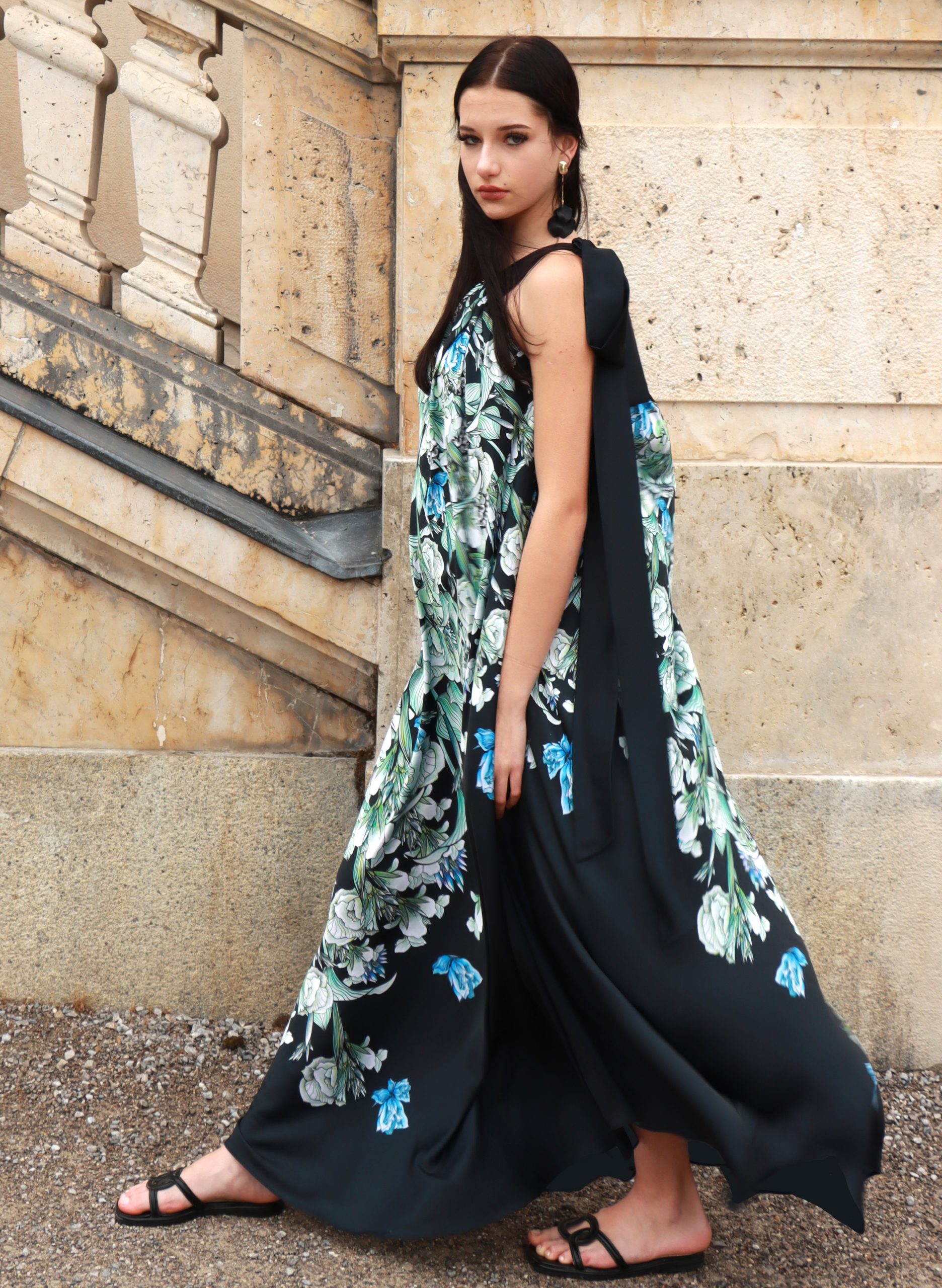 long black evening dress with exotic flowers