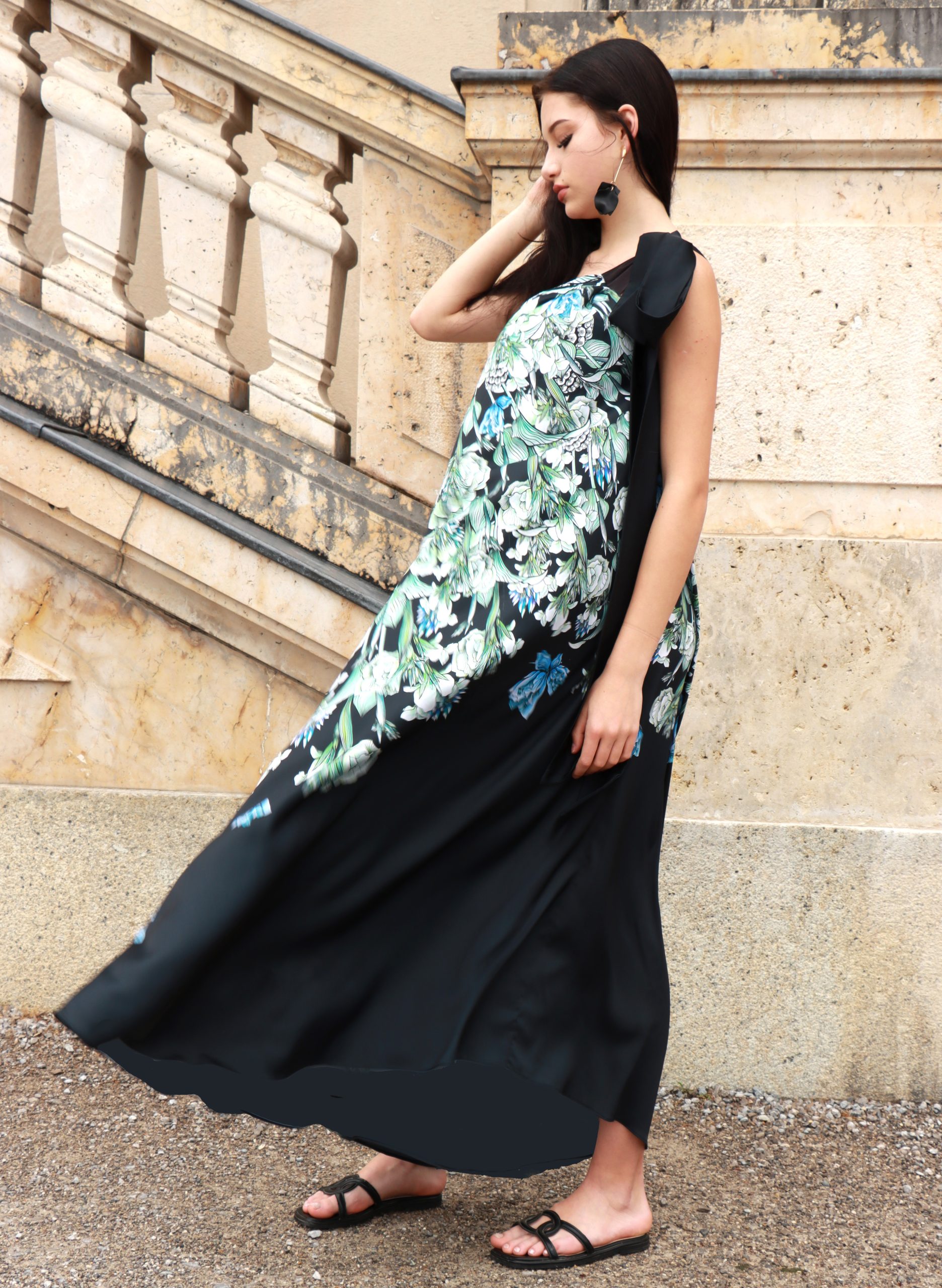 long black evening dress with flowers