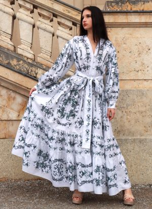 Dasty Grey Dress with Blue Flowers