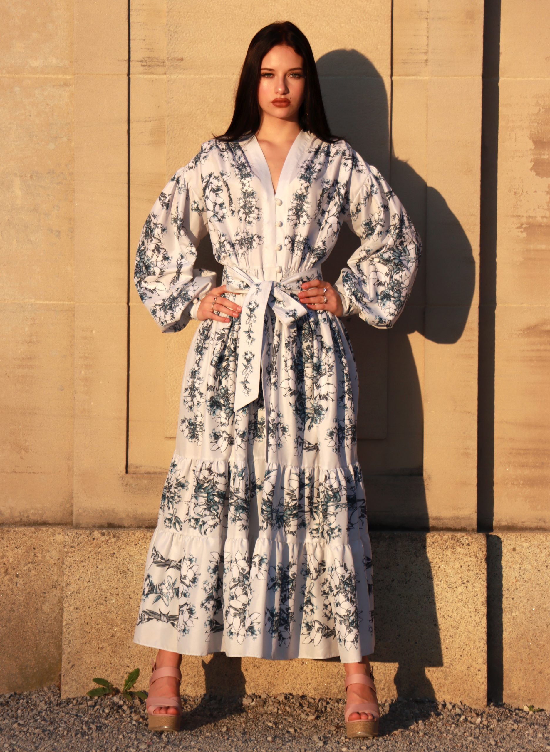 long dusty bl dress with flowers