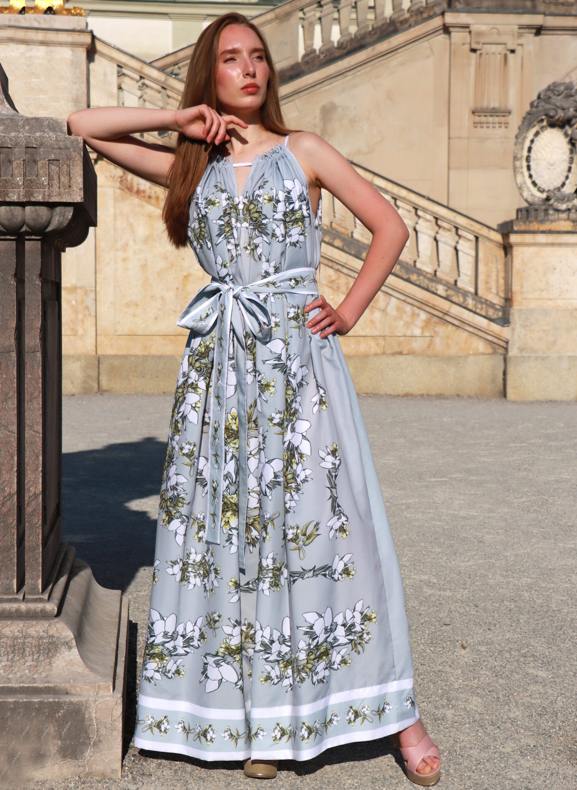 long grey cotton dress with belt without sleeves