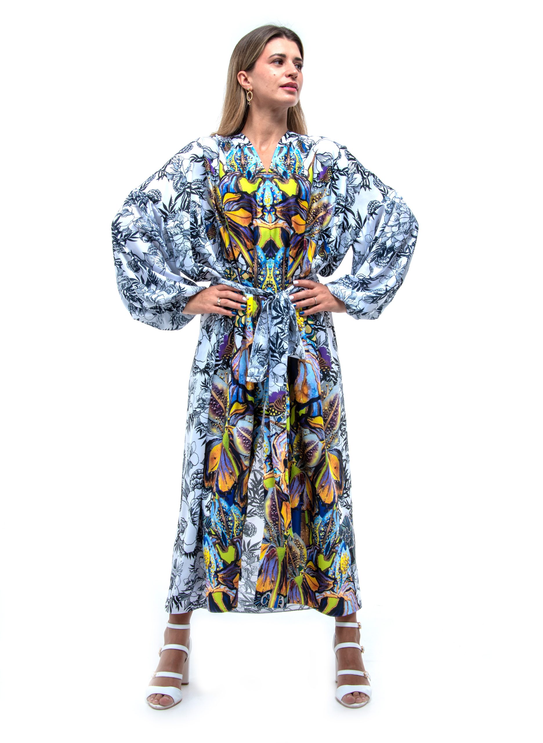 long grey dress with long sleeves & violet irys flowers