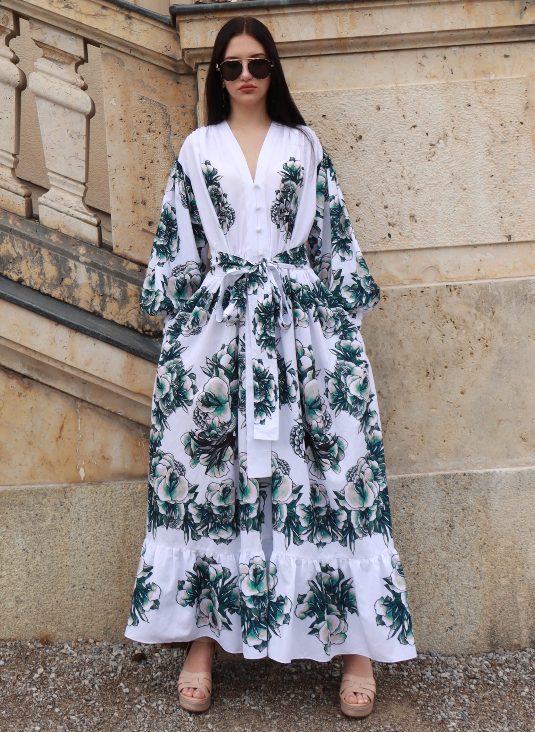 long white cotton dress with long sleeves & green flowers