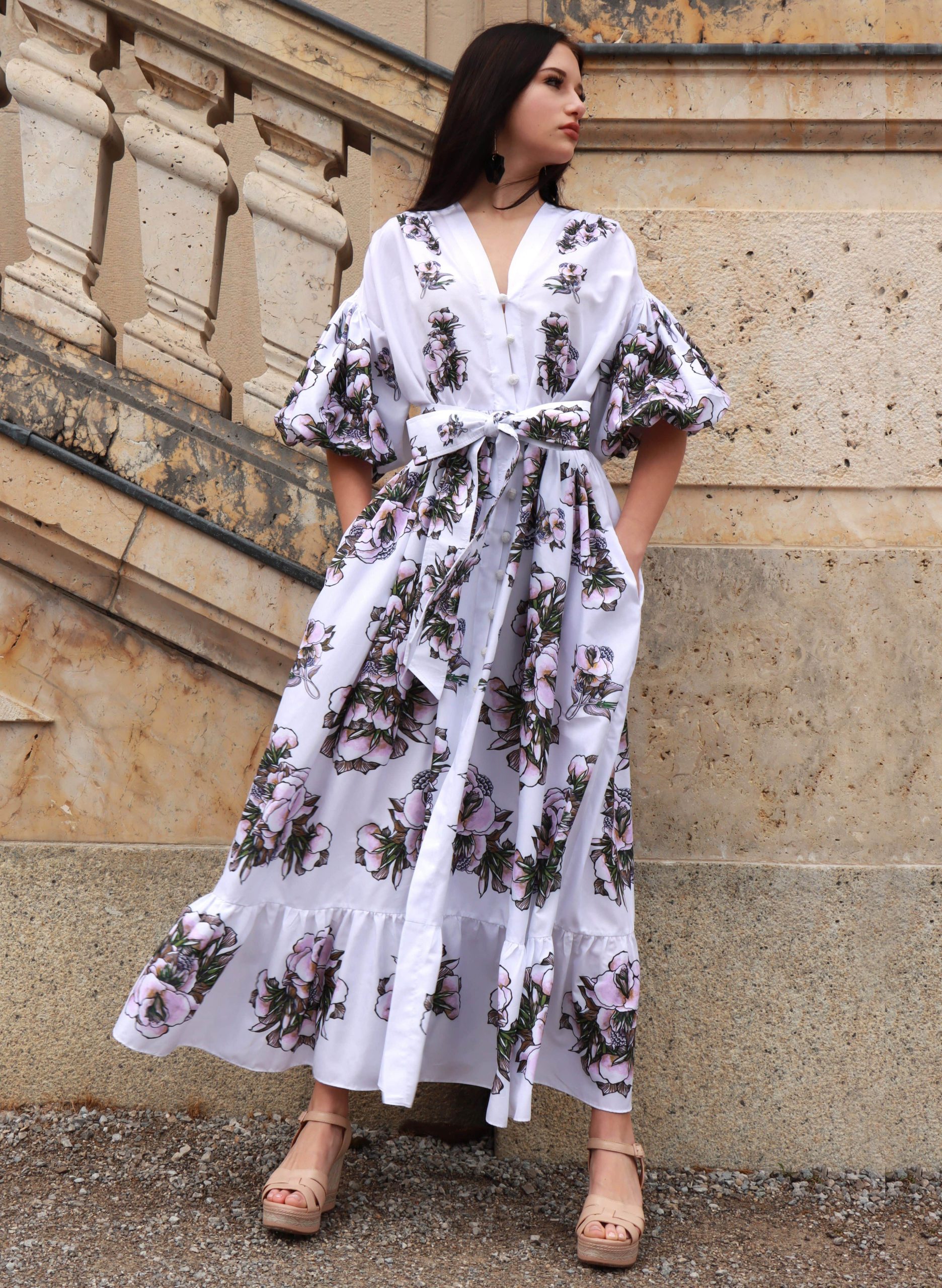 long white cotton dress with pink flowers -min