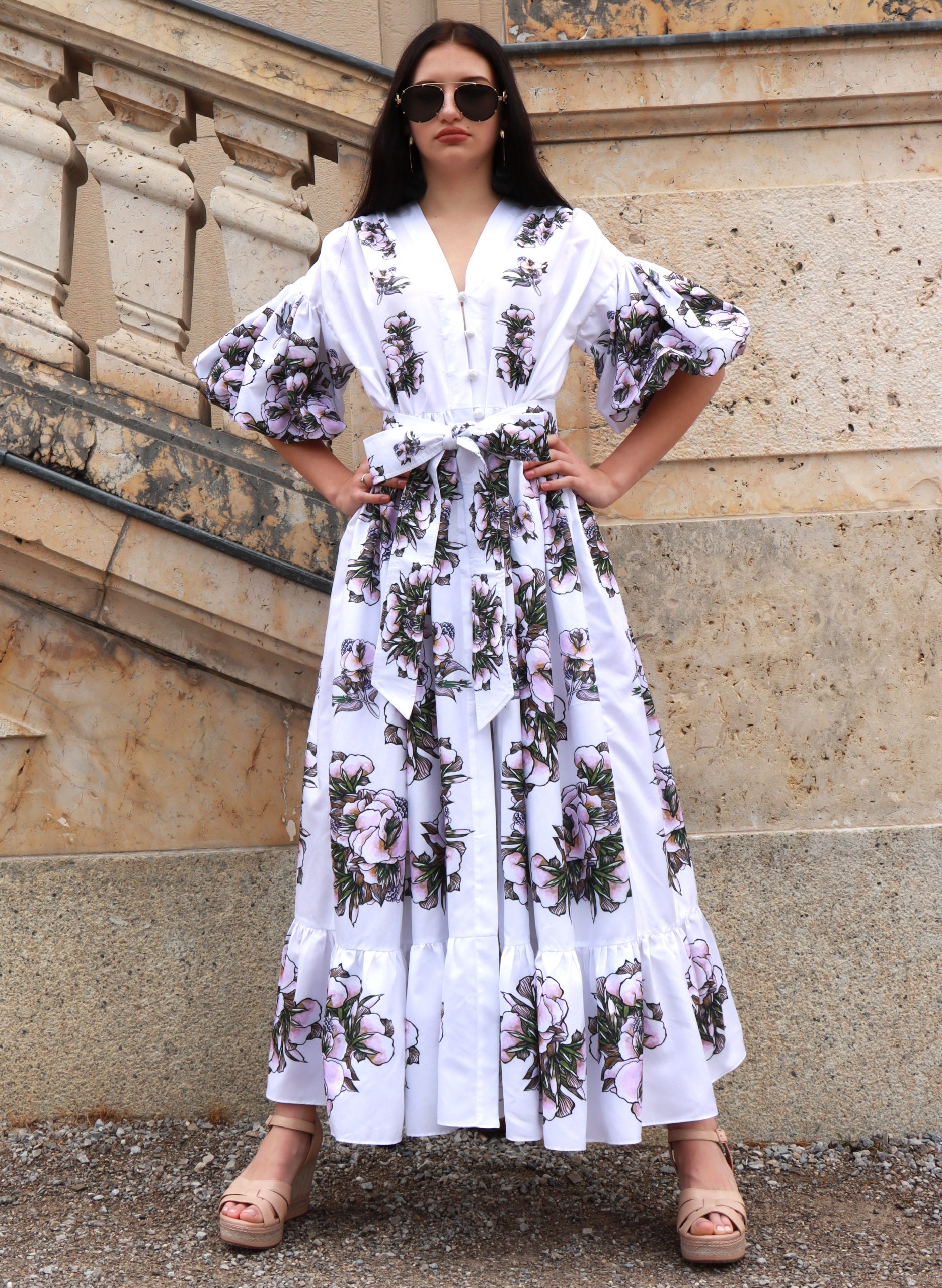 long white cotton dress with short sleeves & pink flowers