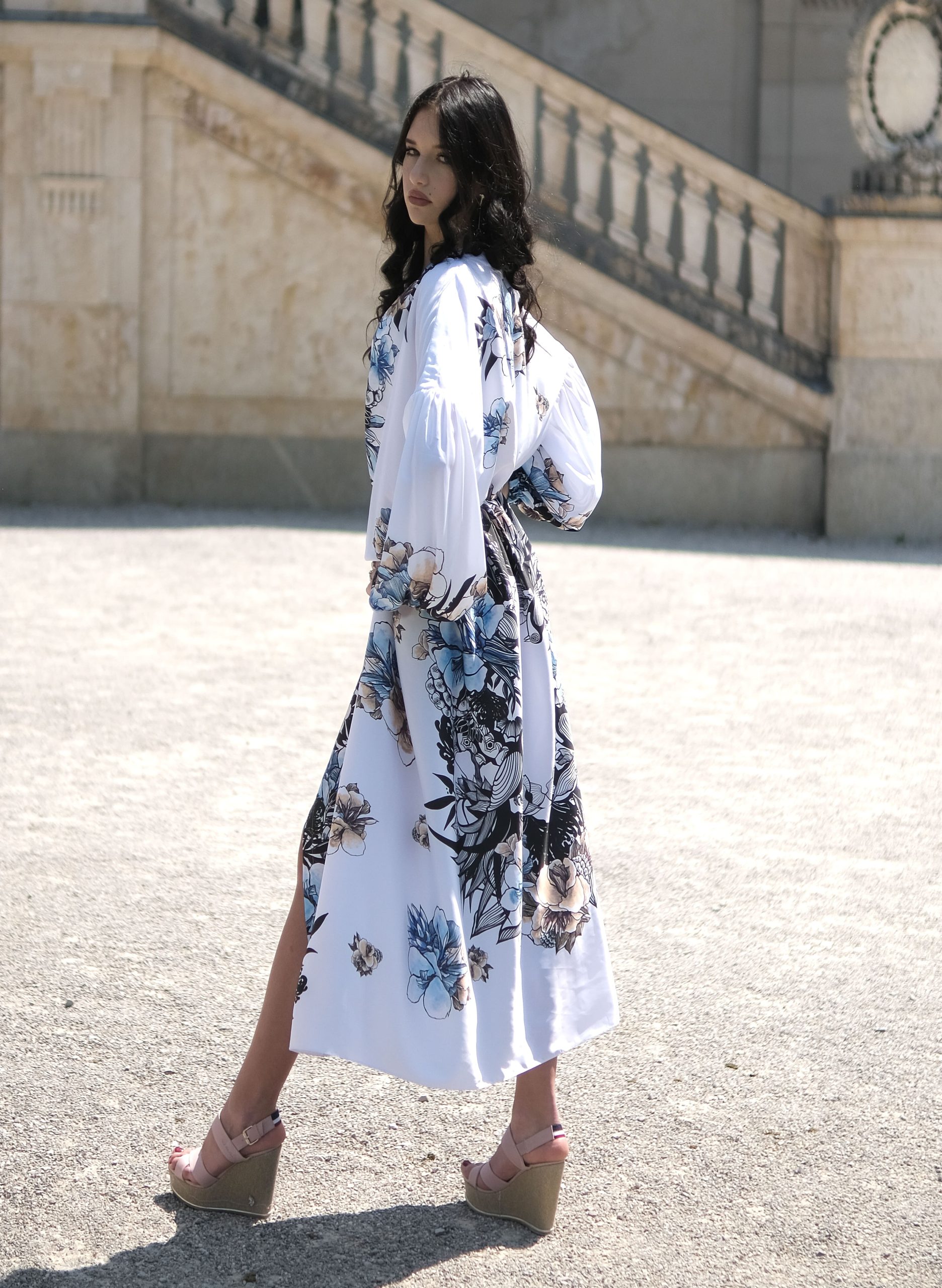 long white dress with long sleeves blue flowers-min