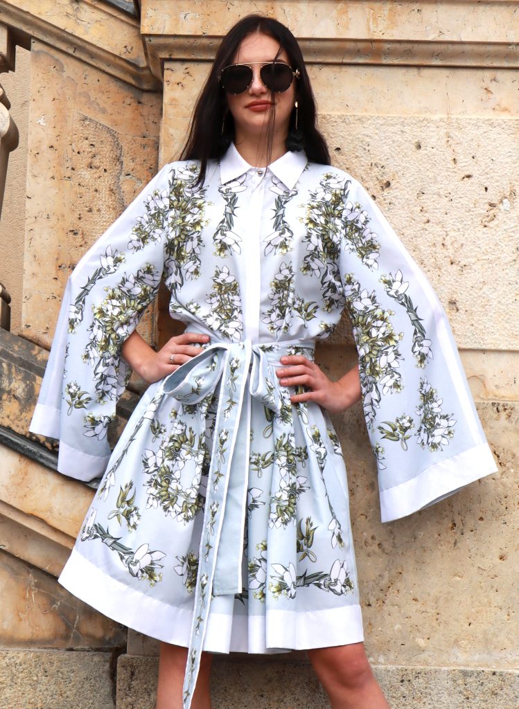 short white kimono with blue and gold flower pattern