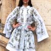 short white kimono with blue and gold flower pattern
