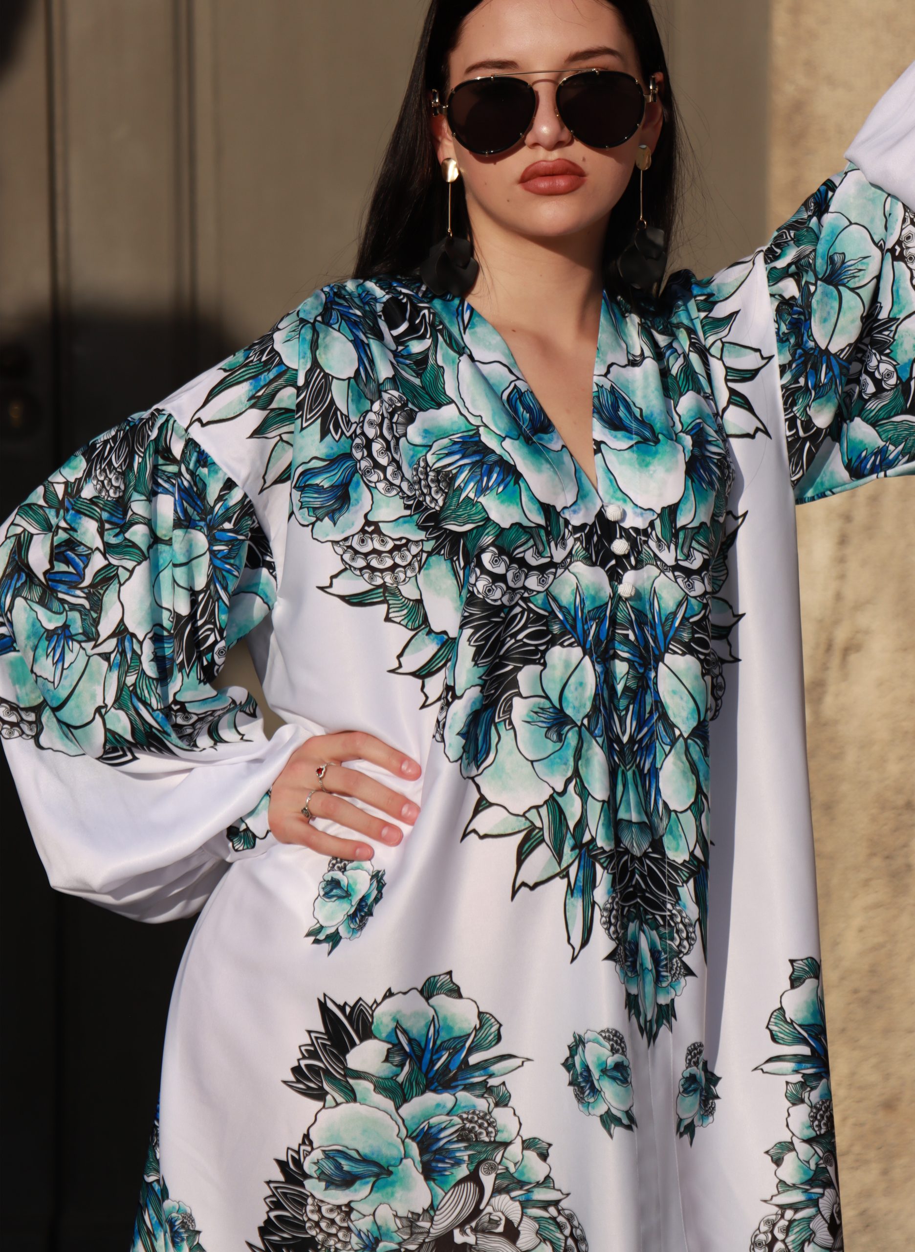 short white dress with mint flowers &long sleeves