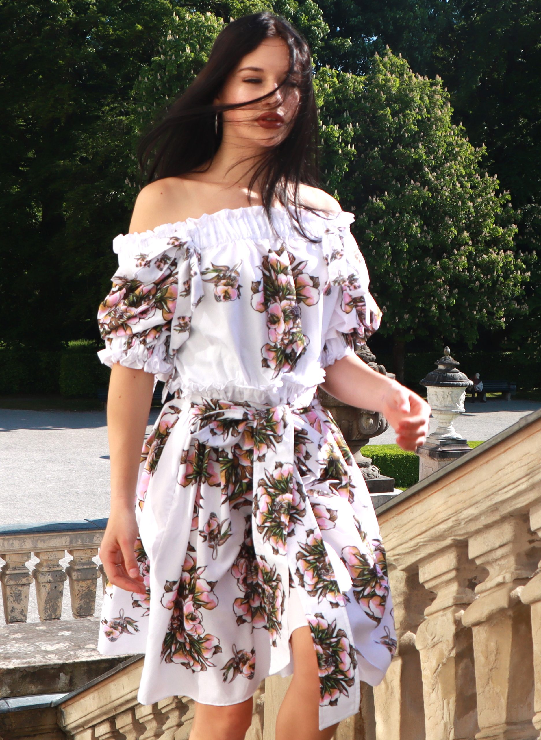 short white dress with pink flowers & off shoulders