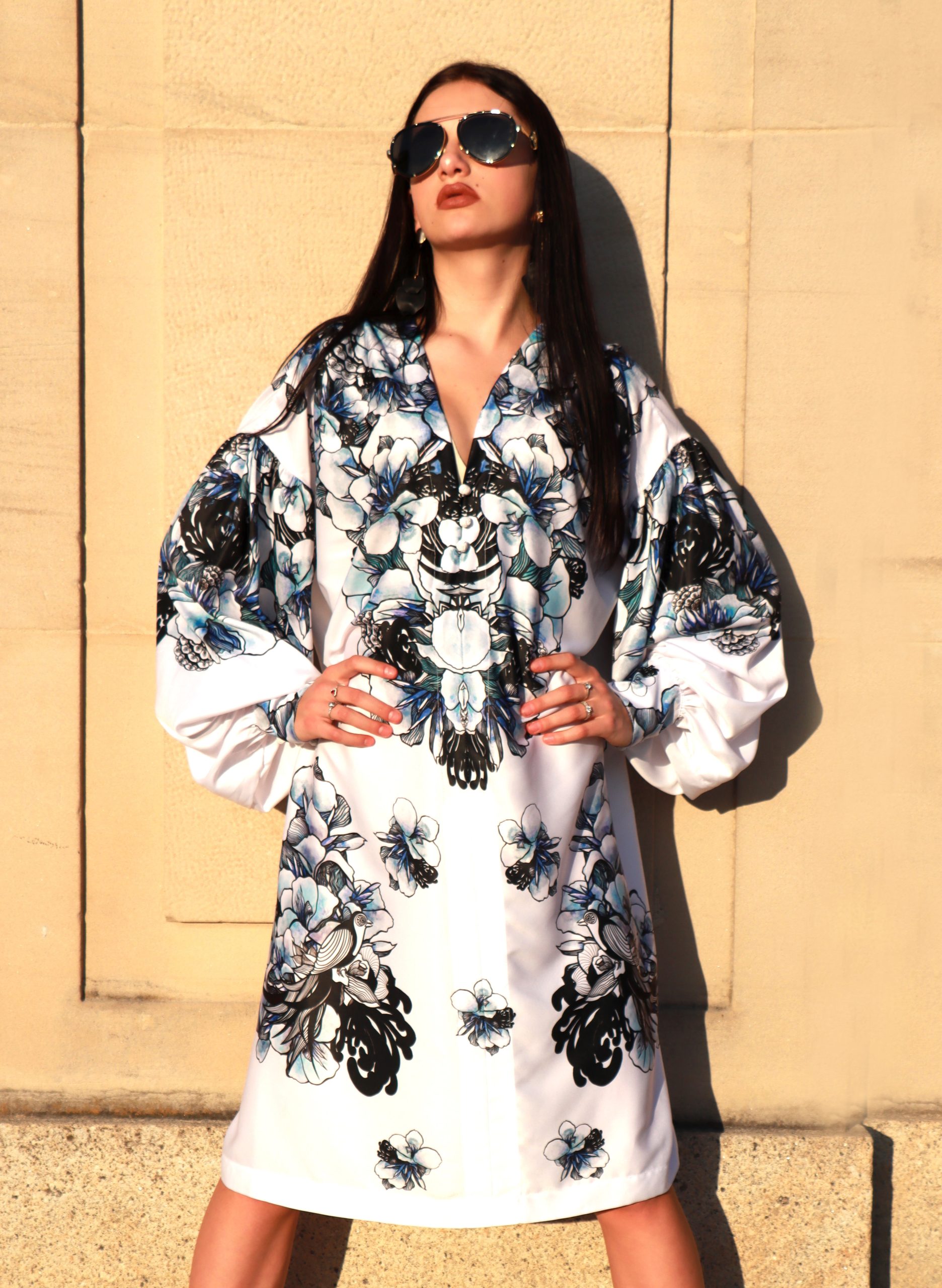white dress grey flowers long sleeves