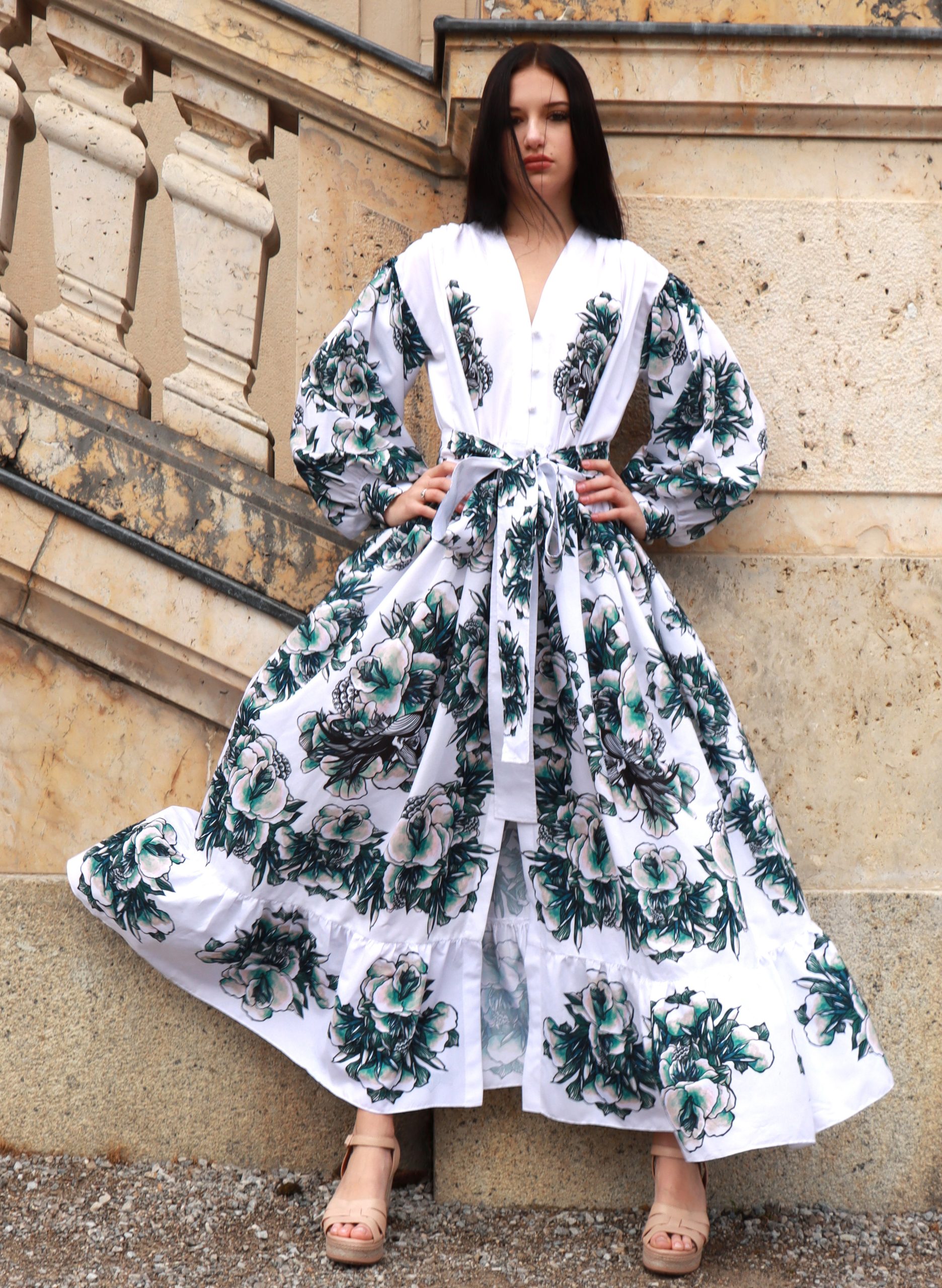 white long dress with long sleeves and green birds & flowers