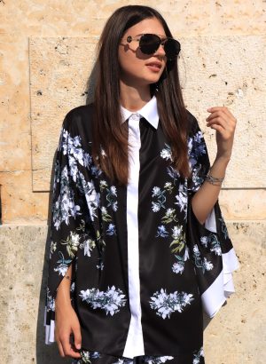 Black Kimono Blouse with Flowers