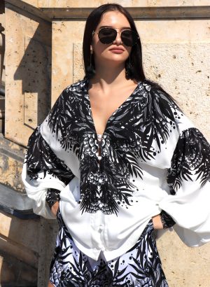 White Ethno Blouse with Black print