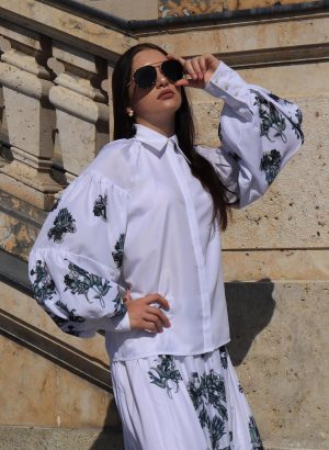 White Cotton Blouse with Birds