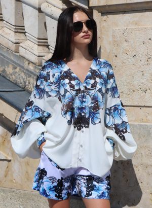 White Ethno Blouse with Blue Flowers